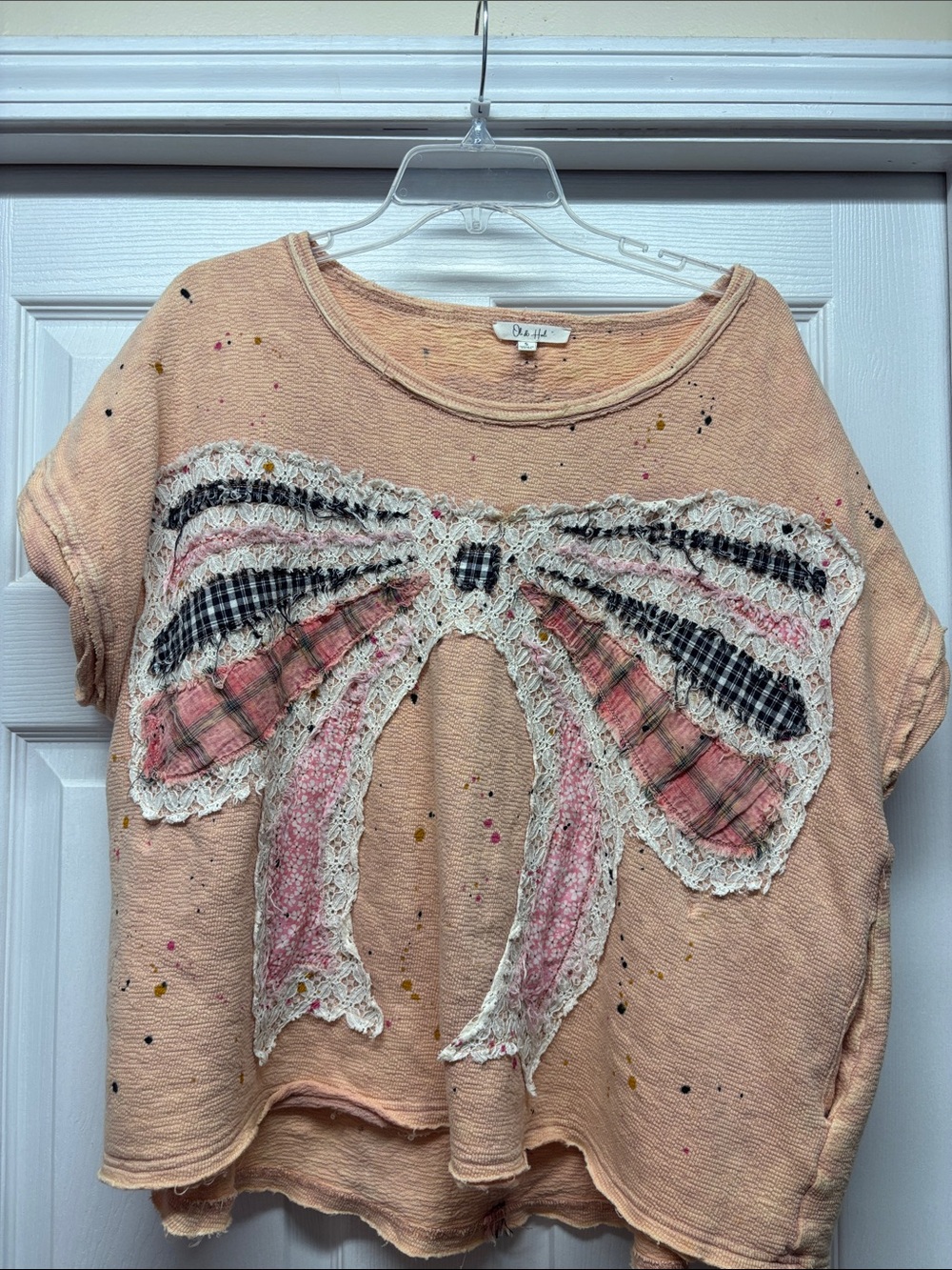 Oli & Hali Peach Splatter Cutout Top with Lace & Plaid Patchwork Bow Small